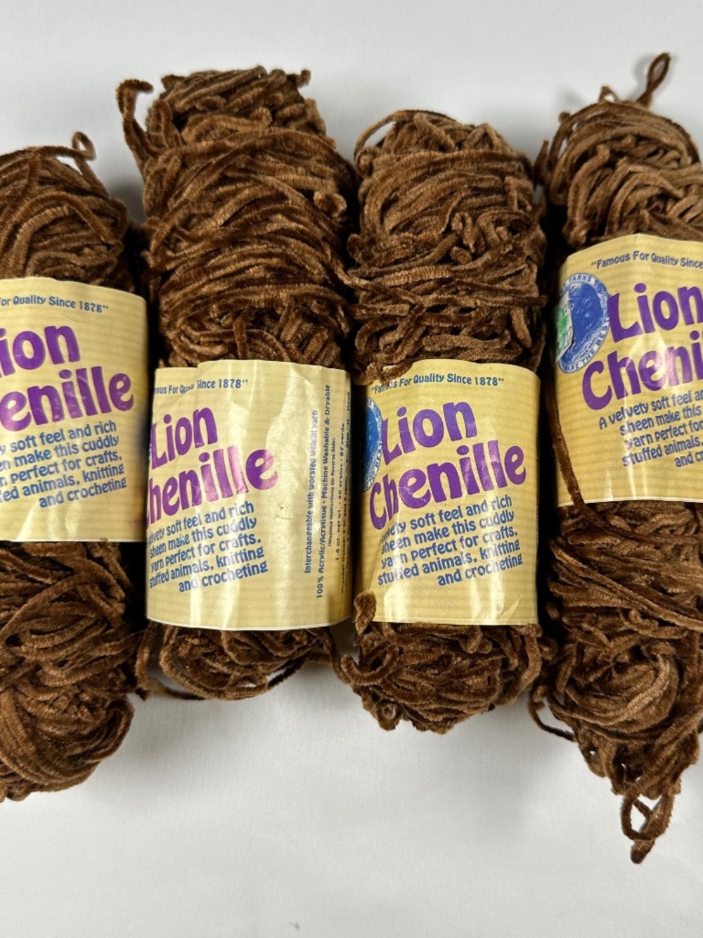 Lion Chenille Yarn Vintage #126 Brown Lot of 4 Skeins Crochet Knit Fiber Arts